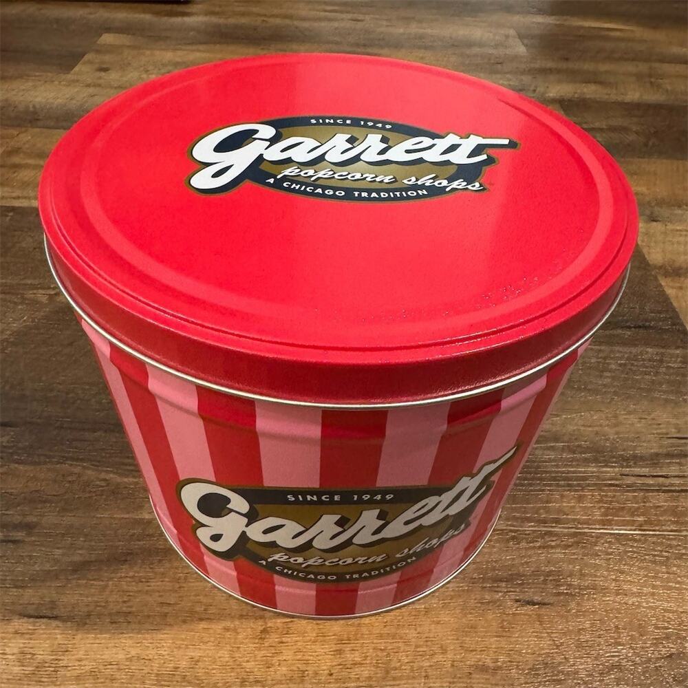Garrett Popcorn Shops EMPTY Canister w/ Lid Pink & Red Striped 9 in Round Tin
